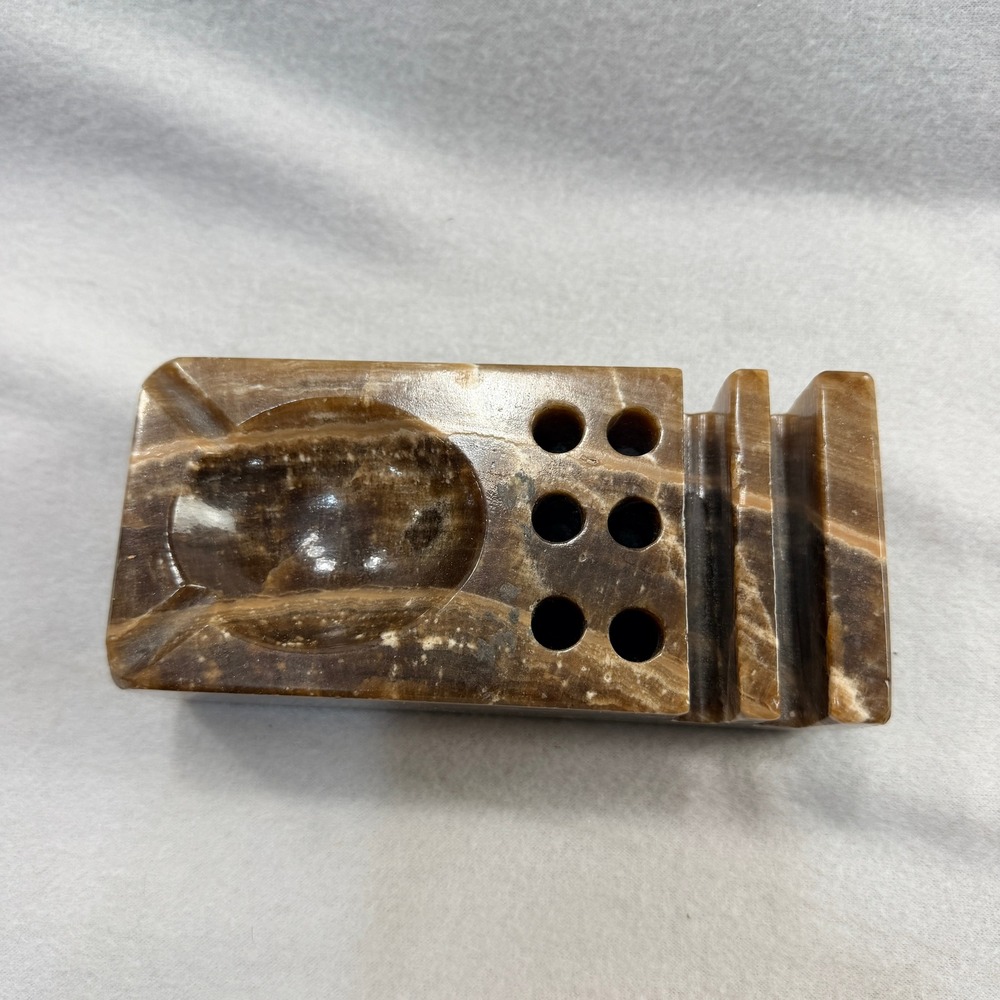 Vintage Brown Marble Onyx Desk Organizer Ashtray Pen Holder Mail Slot Brutalist